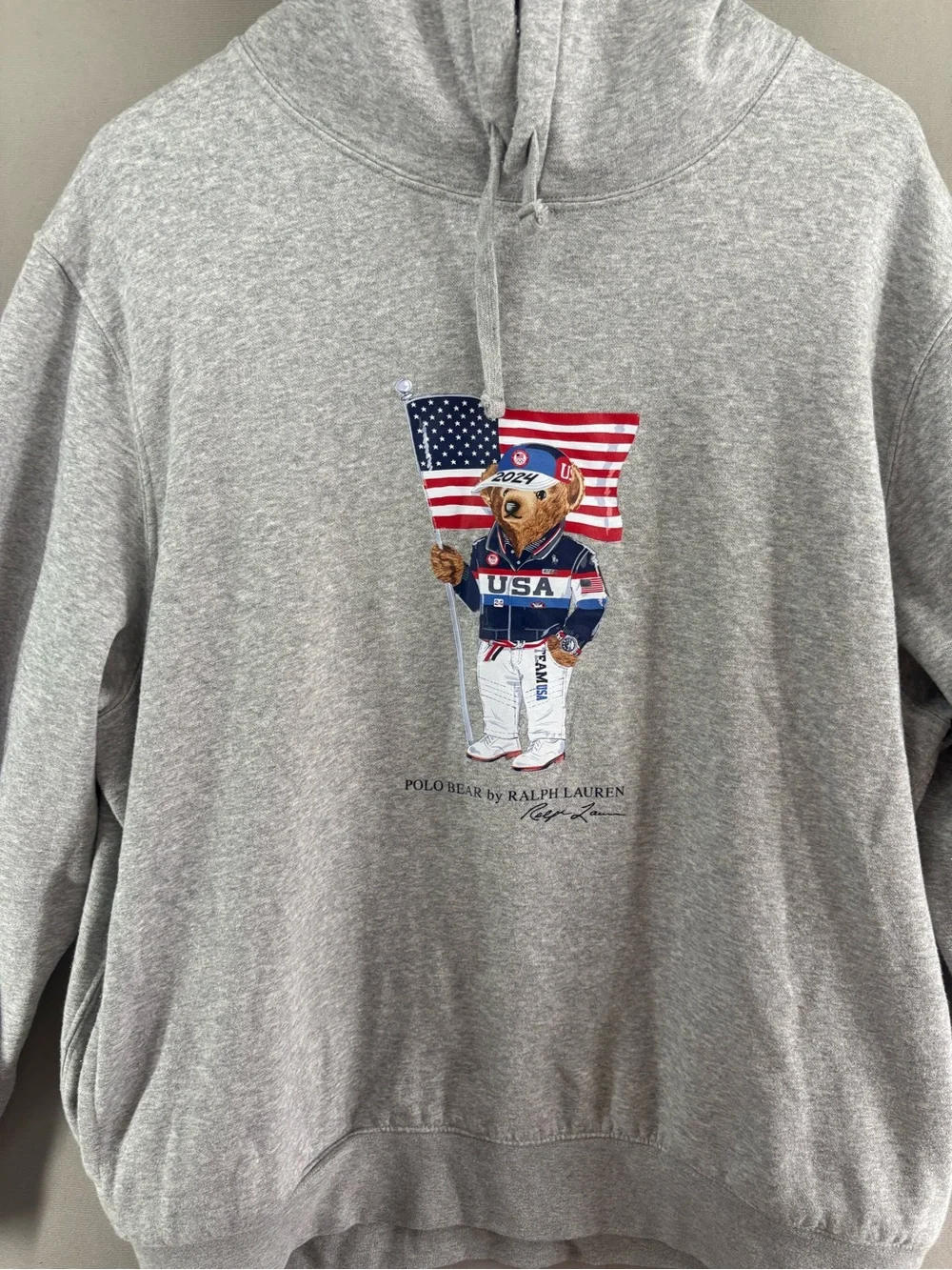 Polo Ralph Lauren USA Flag American Polo Bear Gray Hooded Sweatshirt Sz XL - Picture 2 of 8
